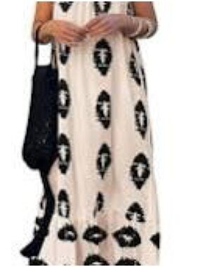 Amazon One-Shoulder Cream Maxi Dress with Black Graphic Motif